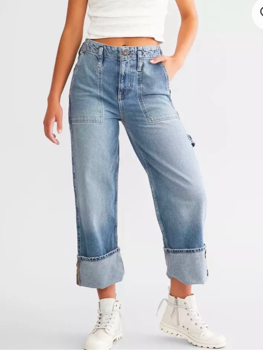 We The Free FP Major Leagues Mid Rise Cuffed Crop Jeans Envy Light Blue Size 25